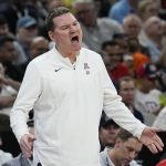
              Arizona head coach Tommy Lloyd yells during the second half of a college basketball game against Houston in the Sweet 16 round of the NCAA tournament on Thursday, March 24, 2022, in San Antonio. (AP Photo/Eric Gay)
            