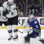 
              Vancouver Canucks goalie Thatcher Demko, right, makes a save as San Jose Sharks' Logan Couture jumps in front of him during the third period of an NHL hockey game Saturday, April 9, 2022, in Vancouver, British Columbia. (Darryl Dyck/The Canadian Press via AP)
            