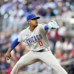 
              Chicago Cubs starting pitcher Marcus Stroman (0) delivers in the first inning of a baseball game against the Atlanta Braves, Tuesday, April 26, 2022, in Atlanta. (AP Photo/Brynn Anderson)
            