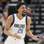 
              Dallas Mavericks guard Spencer Dinwiddie (26) gestures in the second half of Game 6 of an NBA basketball first-round playoff series against the Utah Jazz, Thursday, April 28, 2022, in Salt Lake City. (AP Photo/Rick Bowmer)
            