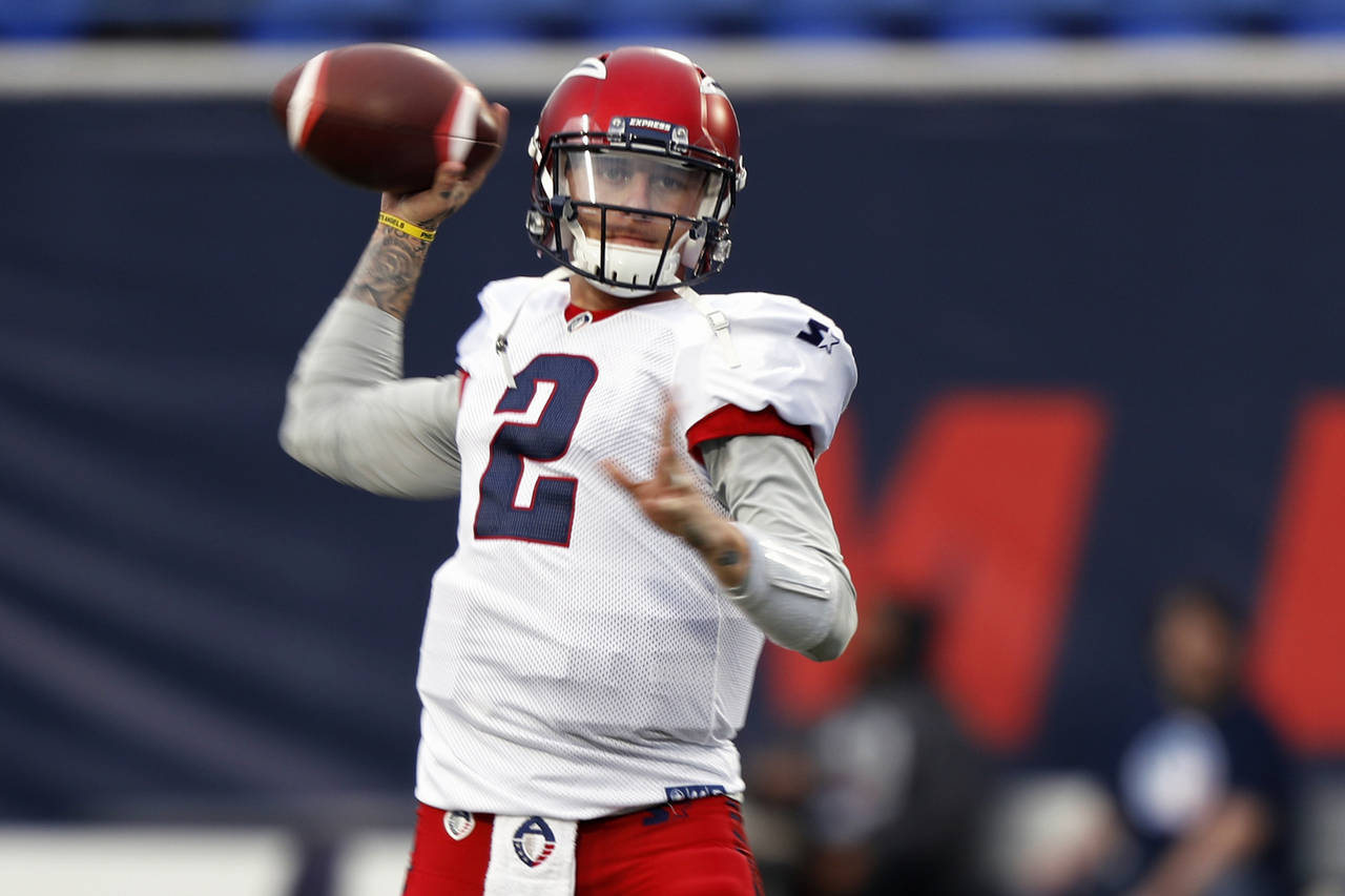 FILE - Memphis Express quarterback Johnny Manziel warms up before an AAF football game against the ...