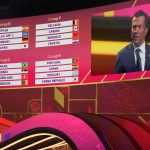 
              Former German soccer international and manager Lothar Matthaus is seen on screen alongside some of the groups during the 2022 soccer World Cup draw at the Doha Exhibition and Convention Center in Doha, Qatar, Friday, April 1, 2022. (AP Photo/Darko Bandic)
            