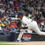 
              Milwaukee Brewers starting pitcher Freddy Peralta throws during the first inning of a baseball game against the St. Louis Cardinals Friday, April 15, 2022, in Milwaukee. (AP Photo/Morry Gash)
            