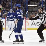 
              Tampa Bay Lightning right wing Nikita Kucherov (86) doesn't like the call as after he is called for slashing during the second period of an NHL hockey game against the Columbus Blue Jackets Tuesday, April 26, 2022, in Tampa, Fla. (AP Photo/Jason Behnken)
            