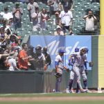 
              New York Mets right fielder Jeff McNeil, bottom right, is assisted by teammates after catching a foul ball hit by San Francisco Giants' Donovan Walton during the third inning of a baseball game in San Francisco, Wednesday, May 25, 2022. (AP Photo/Jeff Chiu)
            