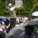 
              Jason Day of, Australia, hits off the 18th tee during the second round of the Wells Fargo Championship golf tournament, Friday, May 6, 2022, at TPC Potomac at Avenel Farm golf club in Potomac, Md. (AP Photo/Nick Wass)
            