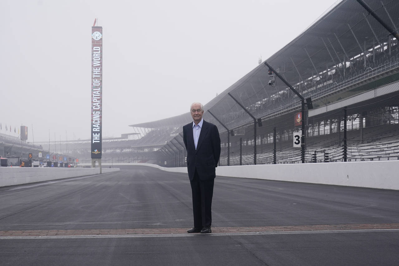 Roger Penske stands on the Yard of Bricks before practice for the Indianapolis 500 auto race at Ind...