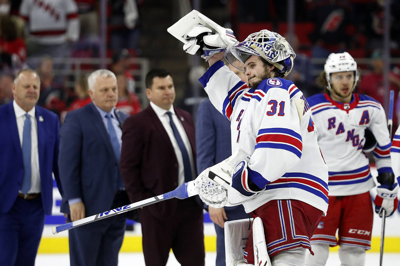 New York Rangers' Igor Shesterkin (31) acknowledges fans following his team's win over the Carolina...