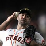 
              Houston Astros starting pitcher Justin Verlander throws during the first inning of a baseball game against the Texas Rangers Saturday, May 21, 2022, in Houston. (AP Photo/David J. Phillip)
            