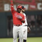 
              Philadelphia Phillies' Odubel Herrera (37) gestures after hitting a two-run double against the Atlanta Braves during the seventh inning of a baseball game Thursday, May 26, 2022, in Atlanta. (AP Photo/Hakim Wright Sr.)
            