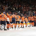 
              Edmonton Oilers celebrate a win over the Vancouver Canucks in an NHL hockey game Friday, April 29, 2022, in Edmonton, Alberta. (Jason Franson/The Canadian Press via AP)
            