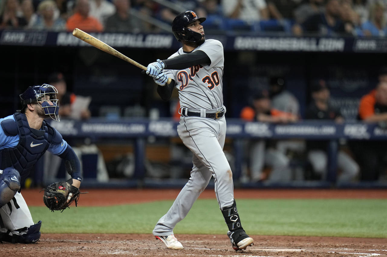 Detroit Tigers' Harold Castro (30) follows the flight of his solo home run off Tampa Bay Rays relie...