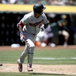 
              Minnesota Twins' Luis Arraez (2) doubles in the fourth inning of a baseball game against the Oakland Athletics in Oakland, Calif., on Wednesday, May 18, 2022. (AP Photo/Scot Tucker)
            
