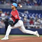 
              Miami Marlins starting pitcher Elieser Hernandez throws during the first inning of the team's baseball game against the Atlanta Braves, Saturday, May 21, 2022, in Miami. (AP Photo/Gaston De Cardenas)
            