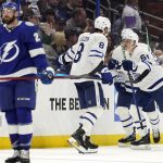 
              Toronto Maple Leafs center David Kampf (64) celebrates his goal against the Tampa Bay Lightning with defenseman Jake Muzzin (8) during the second period in Game 3 of an NHL hockey first-round playoff series Friday, May 6, 2022, in Tampa, Fla. (AP Photo/Chris O'Meara)
            
