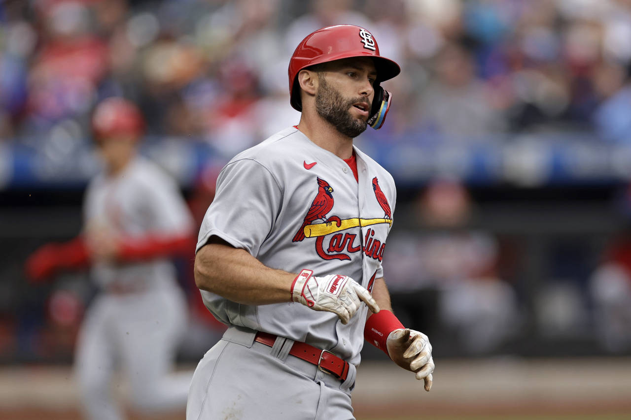 St. Louis Cardinals designated hitter Paul Goldschmidt rounds first base on an RBI double during th...