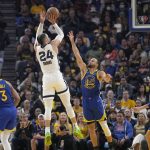 
              Memphis Grizzlies forward Dillon Brooks (24) shoots over Golden State Warriors guard Stephen Curry (30) during the first half of Game 6 of an NBA basketball Western Conference playoff semifinal in San Francisco, Friday, May 13, 2022. (AP Photo/Tony Avelar)
            