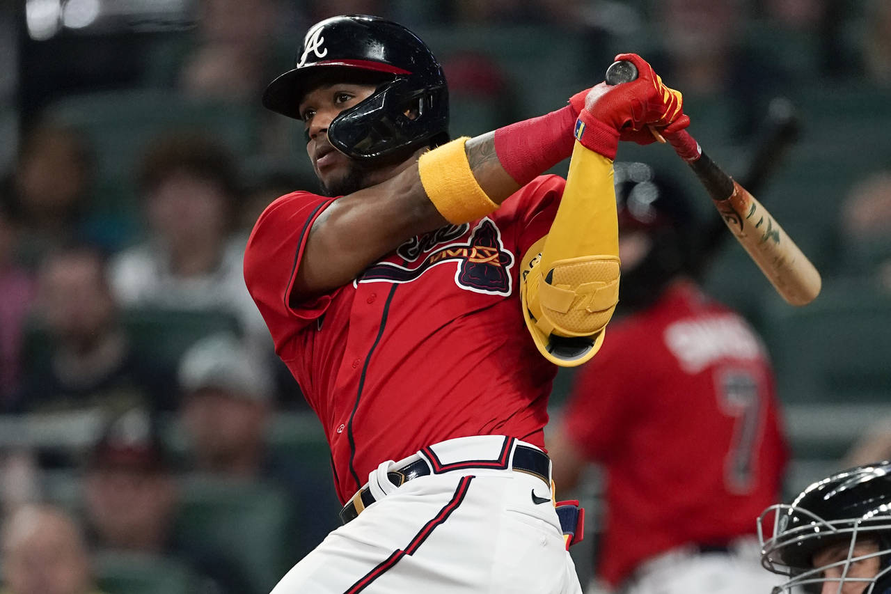 Atlanta Braves pinch hitter Ronald Acuna Jr. drives in the tying run with a double in the seventh i...