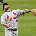 
              St. Louis Cardinals relief pitcher Yadier Molina reacts to giving up a two-run home run to Pittsburgh Pirates' Jack Suwinski during the ninth inning of a baseball game in Pittsburgh, Sunday, May 22, 2022. The Cardinals won 18-4. (AP Photo/Gene J. Puskar)
            