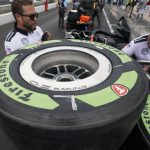 
              Renewable tires sit on the back of cart before the pit stop contest during at the Indianapolis 500 auto race at Indianapolis Motor Speedway, Friday, May 27, 2022, in Indianapolis. (AP Photo/Darron Cummings)
            