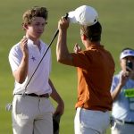 
              Vanderbilt golfer Gordon Sargent, left, greets Texas golfer Parker Coody after Sargent's victory in a four-way playoff during the final round of the NCAA college men's stroke play golf championship, Monday, May 30, 2022, in Scottsdale, Ariz. (AP Photo/Matt York)
            