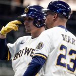 
              Milwaukee Brewers' Luis Urias celebrates after hitting an RBI single during the fourth inning of a baseball game against the Cincinnati Reds Tuesday, May 3, 2022, in Milwaukee. (AP Photo/Morry Gash)
            