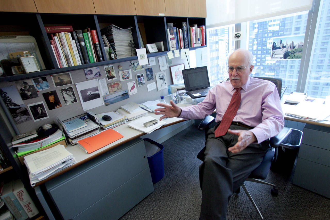 FILE - Author Roger Angell gestures during an interview at his office at the New Yorker magazine on...