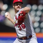 
              St. Louis Cardinals' Miles Mikolas pitches during the first inning in the first baseball game of a doubleheader against the New York Mets, Tuesday, May 17, 2022, in New York. (AP Photo/Frank Franklin II)
            