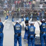 
              Chase Elliott (9) motions to the crowd after winning the NASCAR Cup Series auto race at Dover Motor Speedway, Monday, May 2, 2022, in Dover, Del. (AP Photo/Jason Minto)
            