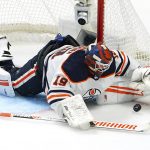 
              Edmonton Oilers goaltender Mikko Koskinen makes a save against the Colorado Avalanche during the third period in Game 1 of the NHL hockey Stanley Cup playoffs Western Conference finals Tuesday, May 31, 2022, in Denver. (AP Photo/Jack Dempsey)
            