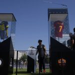 
              Workers prepare a stage at the fan zone ahead of the Europa Conference League final between Roma and Feyenoord in Tirana, Albania, Wednesday, May 25, 2022. (AP Photo/Thanassis Stavrakis)
            