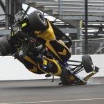 
              Colton Herta crashes in the first turn during the final practice for the Indianapolis 500 auto race at Indianapolis Motor Speedway in Indianapolis, Friday, May 27, 2022. (AP Photo/Joe Watts)
            