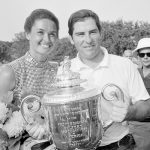 
              FILE - Dave Stockton of Westlake, Calif., and his wife, Cathy, hold the PGA Championship trophy after Stockton won the 72-hole tournament with a 1-under 279 at Southern Hills Country Club in Tulsa, Okla., Aug. 16, 1970. Southern Hills is hosting the PGA this week for a record fifth time. (AP Photo/File)
            