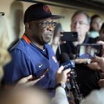 
              Houston Astros manager Dusty Baker Jr. talks with members of the media before a baseball game against the Seattle Mariners Tuesday, May 3, 2022, in Houston. Baker is one win away from 2,000 career wins. (AP Photo/David J. Phillip)
            