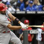 
              St. Louis Cardinals designated hitter Albert Pujols breaks his bat during the third inning of a baseball game against the Kansas City Royals, Wednesday, May 4, 2022 in Kansas City, Mo. (AP Photo/Reed Hoffmann)
            