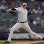 
              New York Yankees starting pitcher Jordan Montgomery throws during the third inning of the second game of a baseball doubleheader against the Texas Rangers at Yankee Stadium, Sunday, May 8, 2022, in New York. (AP Photo/Seth Wenig)
            