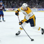 
              Nashville Predators defenseman Roman Josi (59) shoots on goal against the Colorado Avalanche during the first period in Game 2 of an NHL hockey Stanley Cup first-round playoff series Thursday, May 5, 2022, in Denver. (AP Photo/Jack Dempsey)
            