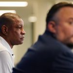
              Philadelphia 76ers' Doc Rivers, left, and Daryl Morey listen to a question during a news conference at the team's NBA basketball practice facility, Friday, May 13, 2022, in Camden, N.J. (AP Photo/Matt Slocum)
            