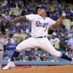 
              Los Angeles Dodgers starting pitcher Julio Urias throws to the plate during the first inning of a baseball game against the San Francisco Giants Tuesday, May 3, 2022, in Los Angeles. (AP Photo/Mark J. Terrill)
            