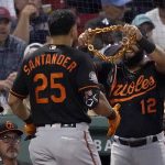 
              Baltimore Orioles' Rougned Odor (12) presents a necklace to Anthony Santander (25) after Santander hit a two-run home run against the Boston Red Sox during the fourth inning of a baseball game at Fenway Park, Friday, May 27, 2022, in Boston. (AP Photo/Mary Schwalm)
            