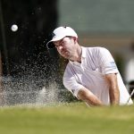 
              Nick Taylor, of Canada, hits out of a bunker on the third hole during the second round of the Charles Schwab Challenge golf tournament at the Colonial Country Club, Friday, May 27, 2022, in Fort Worth, Texas. (AP Photo/LM Otero)
            