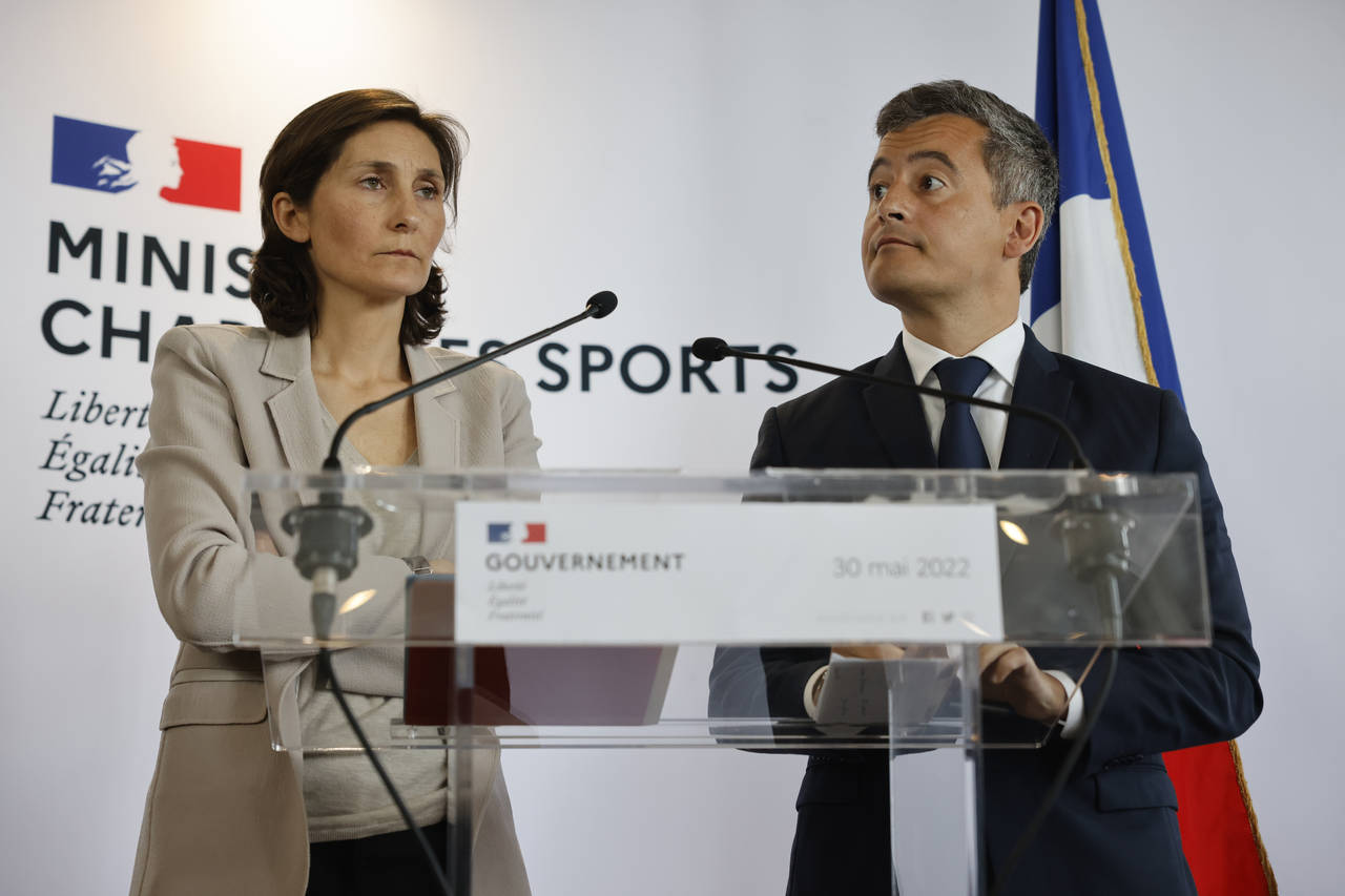 Sports Minister Amélie Oudéa-Castéra, left, and French Interior Minister Gerald Darmanin attend ...