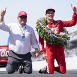 
              Marcus Ericsson, right, of Sweden, celebrates with car owner Chip Ganassi after winning the Indianapolis 500 auto race at Indianapolis Motor Speedway in Indianapolis, Sunday, May 29, 2022. (AP Photo/AJ Mast)
            