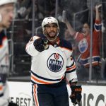 
              Edmonton Oilers left wing Evander Kane, center, celebrates his goal during the third period in Game 3 of an NHL hockey Stanley Cup first-round playoff series against the Los Angeles Kings Friday, May 6, 2022, in Los Angeles. It was his third goal of the game. (AP Photo/Mark J. Terrill)
            