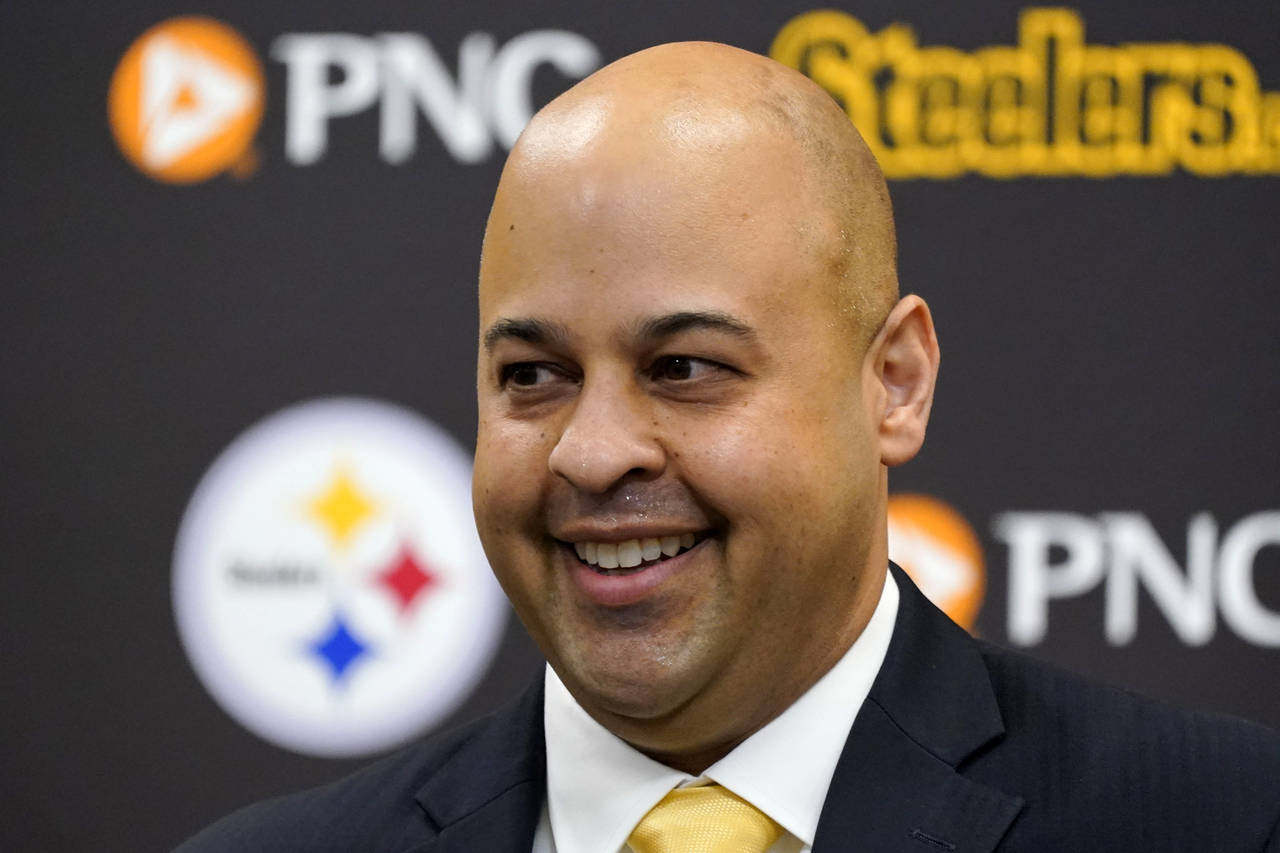 Omar Khan, the new general manager of the Pittsburgh Steelers, meets with reporters at the NFL foot...