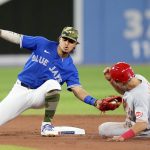 
              Cincinnati Reds second baseman Alejo Lopez (35) gets caught stealing by Toronto Blue Jays second baseman Santiago Espinal (5) during the third inning of a baseball game in Toronto, Saturday, May 21, 2022.  (Frank Gunn/The Canadian Press via AP)
            