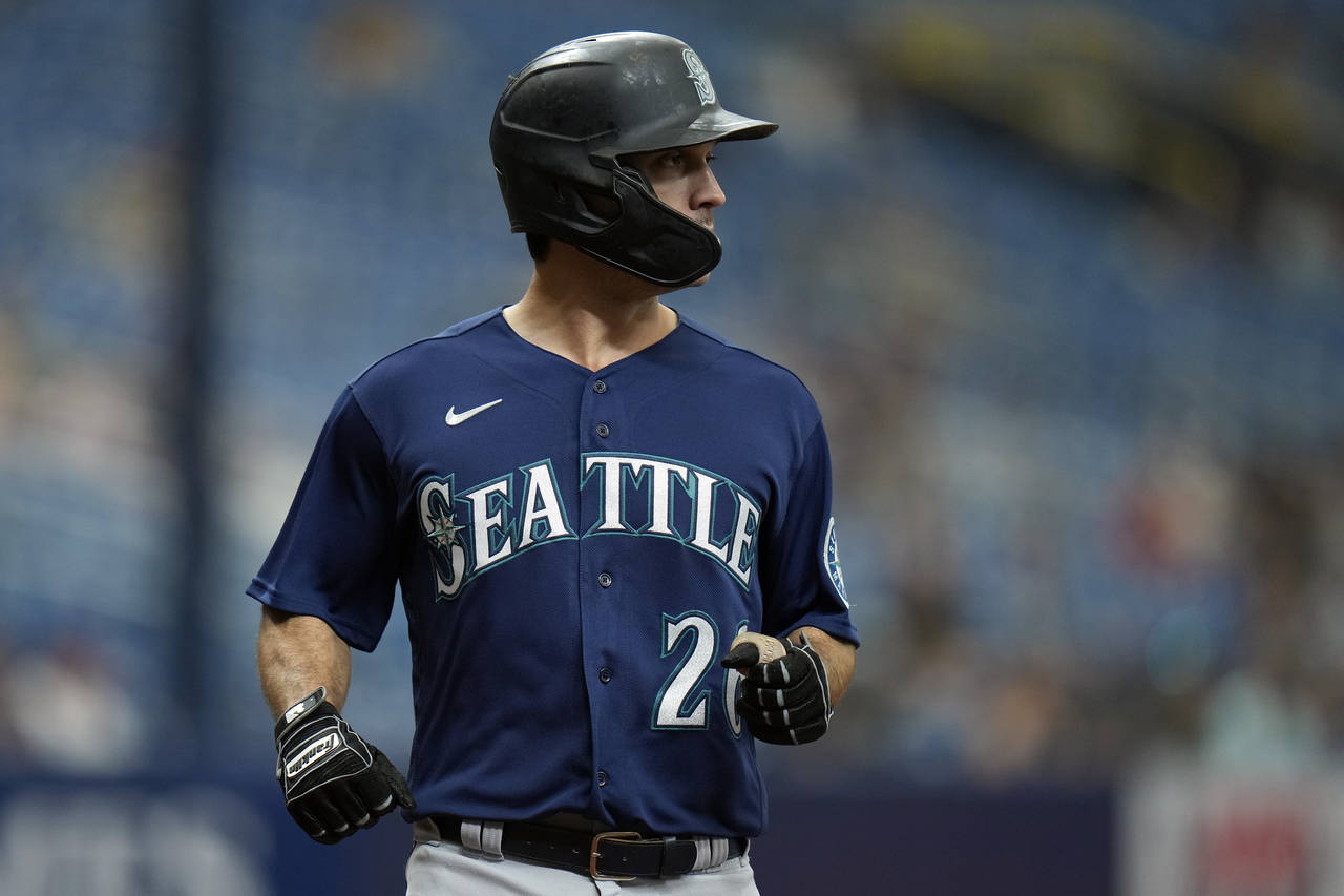 Seattle Mariners' Adam Frazier scores on an RBI triple by Eugenio Suarez off Tampa Bay Rays pitcher...