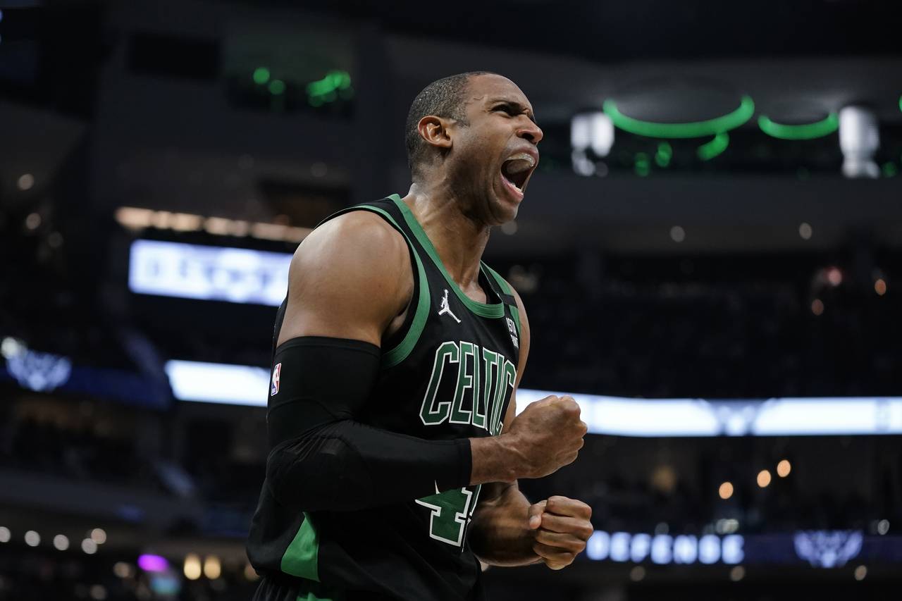 Boston Celtics' Al Horford reacts during the second half of Game 4 of an NBA basketball Eastern Con...