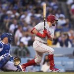 
              Philadelphia Phillies' Kyle Schwarber watches his RBI single during the second inning of the team's baseball game against the Los Angeles Dodgers in Los Angeles, Thursday, May 12, 2022. (AP Photo/Kyusung Gong)
            