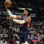 
              Philadelphia 76ers guard Matisse Thybulle (22) drives to the basket during the first half of Game 1 of an NBA basketball second-round playoff series against the Miami Heat, Monday, May 2, 2022, in Miami. (AP Photo/Marta Lavandier)
            